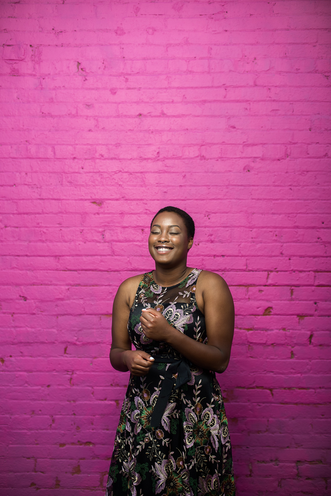 A musician portrait against a pink wall in Venice, Calif.