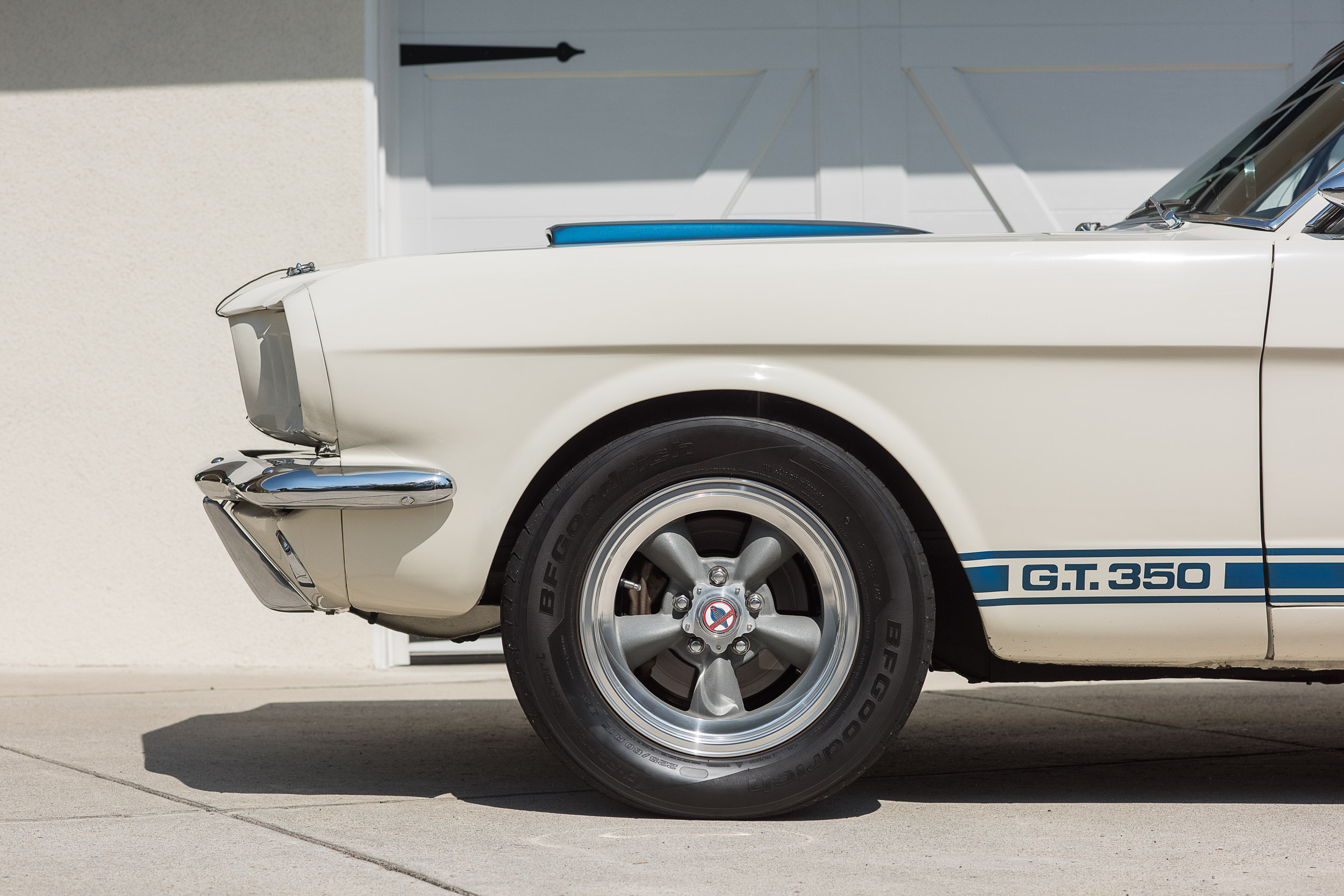 Detail of the front of a 1966 Shelby Mustang GT350 in Los Angeles.