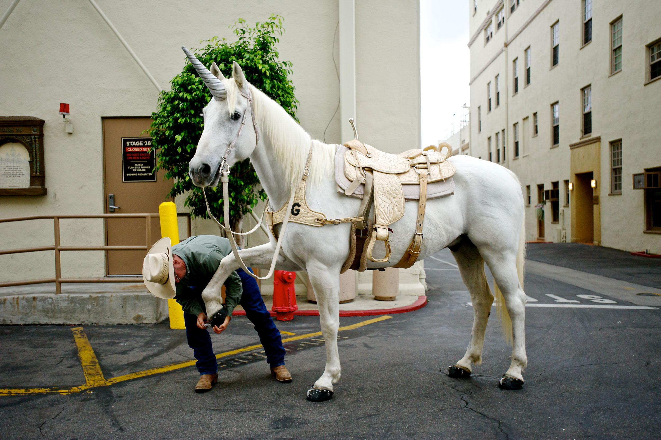 A man adjusts the horse shoe of a unicorn at Paramount Studios in Hollywood.