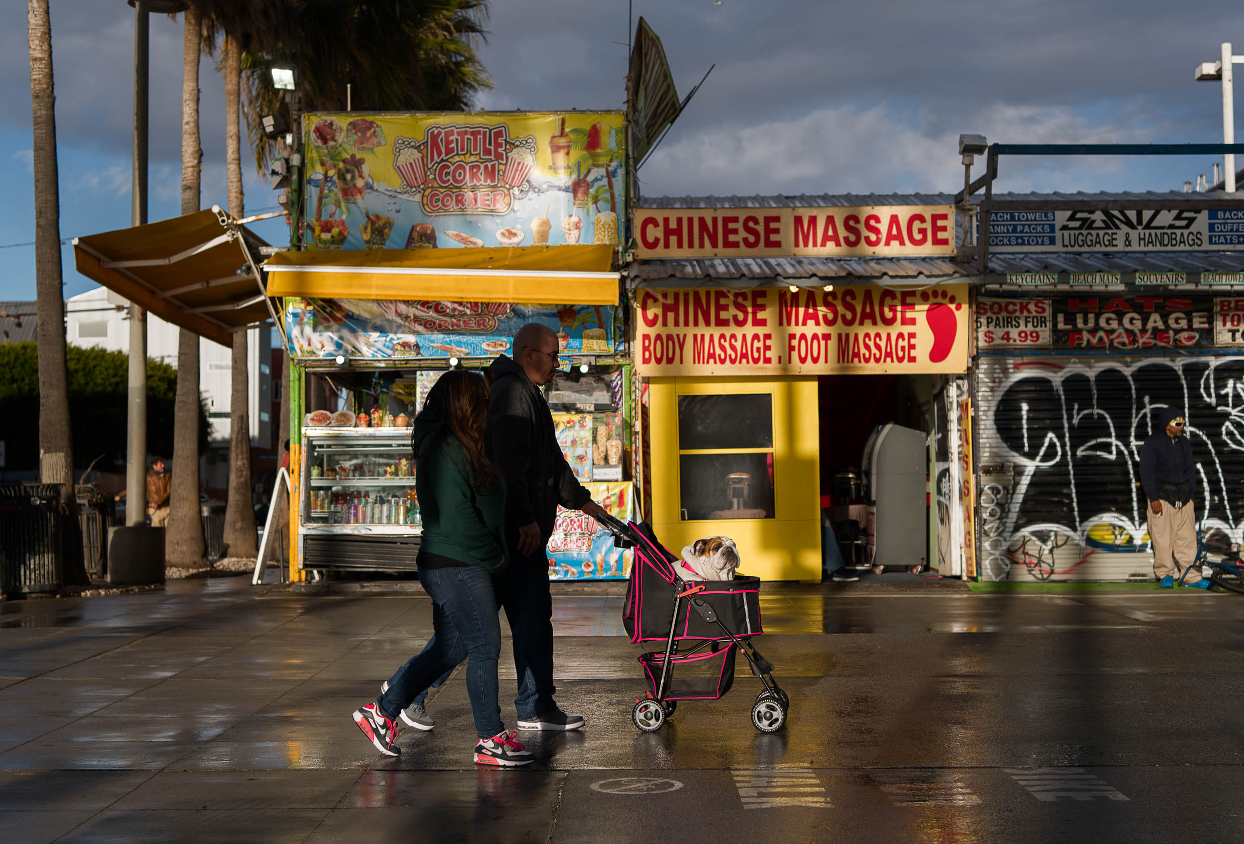 A couple walk a dog in a stroller on the Venice Beach Boardwalk.