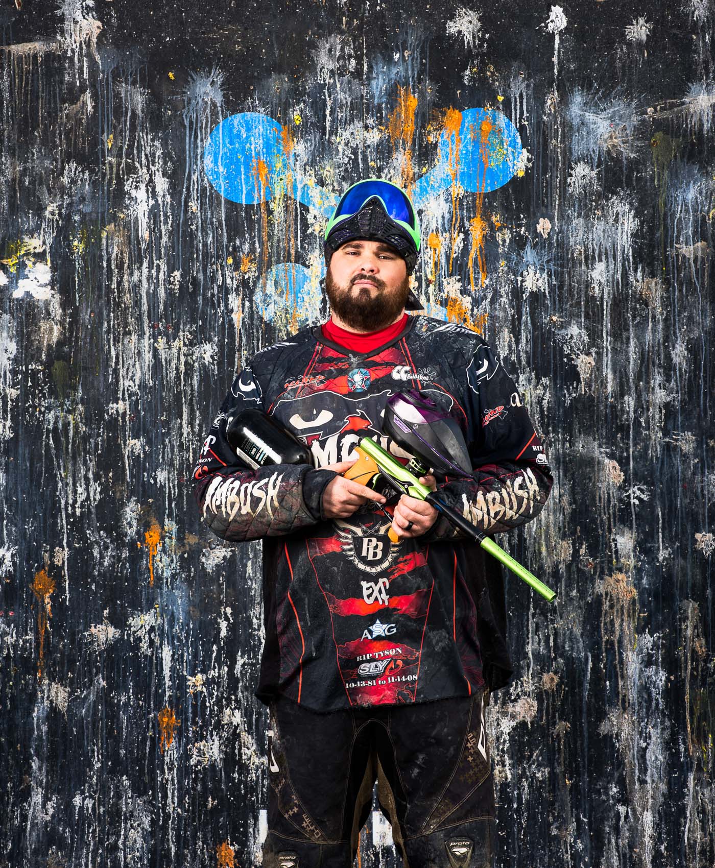 Portrait of a man at a paintball arena in Southern California.
